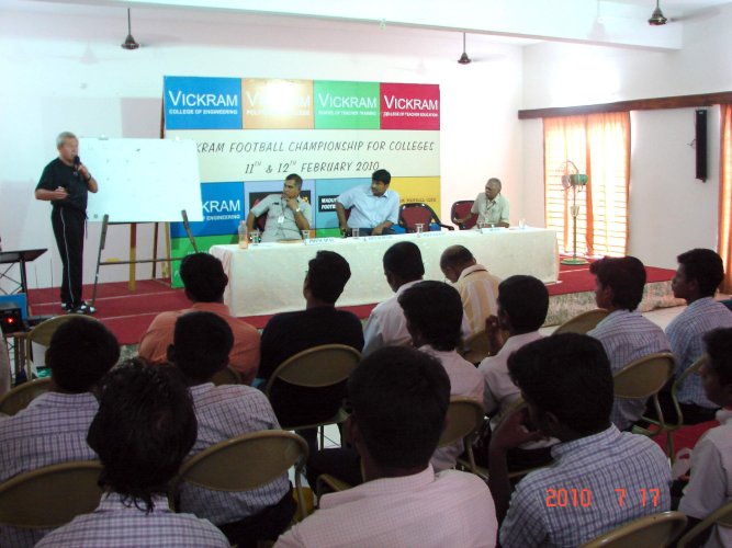 Mr.M.S Vikram,Joint Secretary,Dr.S.Kathirrvelu,Principal,Prof..M.Palanikumar,Dean,and the players listening to the guest lecture