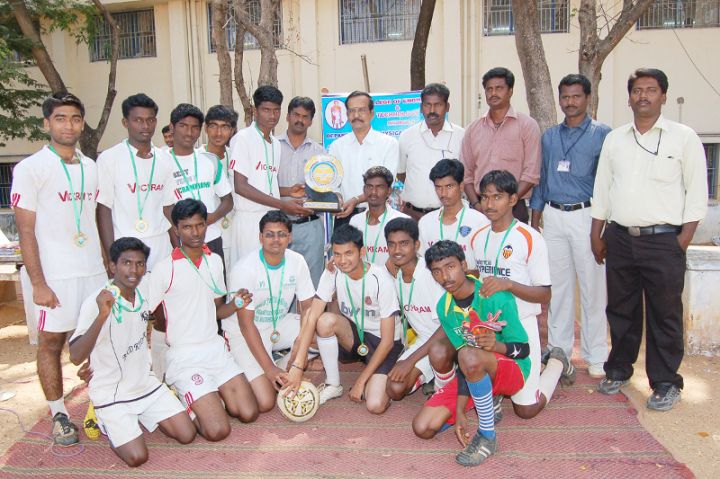 Football Team with the Winners Trophy. Sitting L to R - Vijayakumar, Karthi, Vijay sharma, Jithesh, Jeya Murugan,Parthiban, Saravanan, Gunasekaran, Daniel. Standing L to R - Afif, Arulkumar, Vignesh, Denny, Prakash.