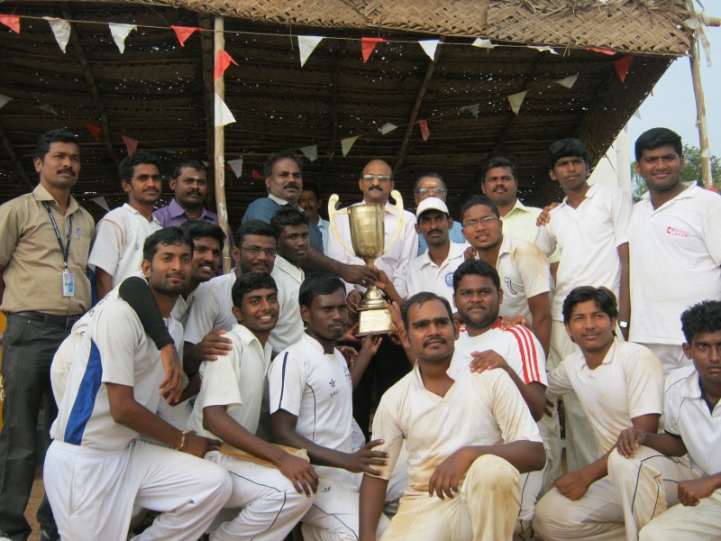 Vickram College of Engineering - Cricket team lifting the Sixth State Level Inter-Engineering College Cricket Trophy. Sitting L to R - Deepak, Sabarish babu,Idrish, Venkatesh, Praise,Pitchai Pandi, Sureshkumar, Basith,Harivelan,Parthiban,Anwar. Standing L to R - Jeevithan, Pandeeswaran, Nagarjun 